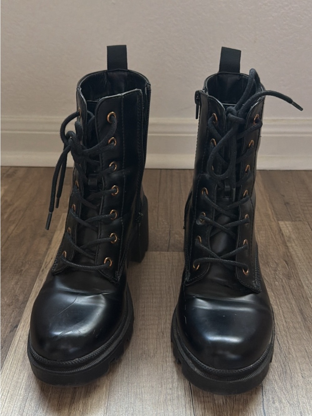 Women’s Black Leather Combat Boots - Lace-Up Platform